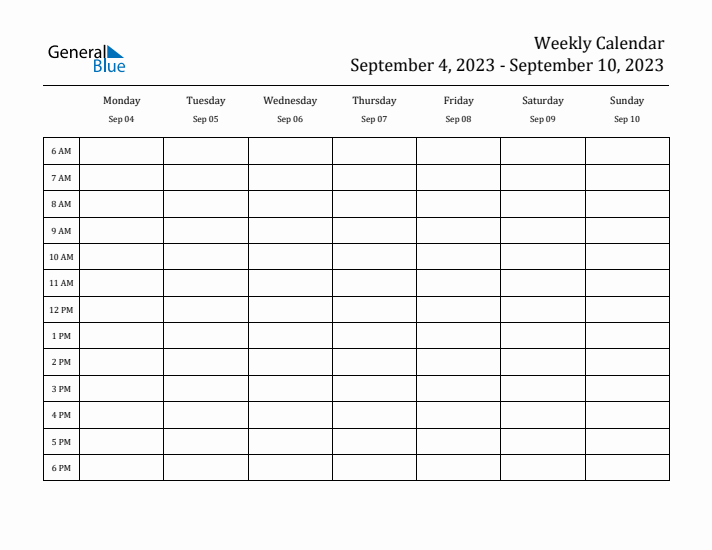 Hourly Planner Template for the Week of September 4