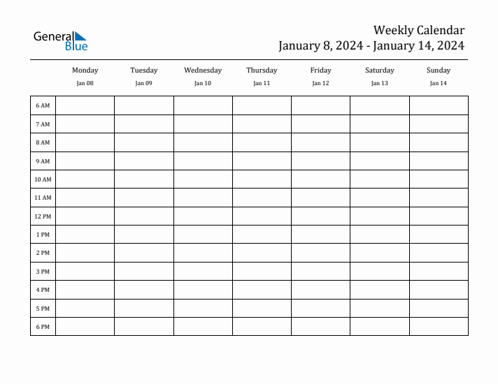 Hourly Planner Template for the Week of January 8