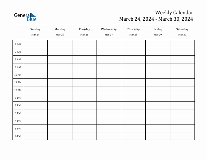 Hourly Planner Template for the Week of March 24