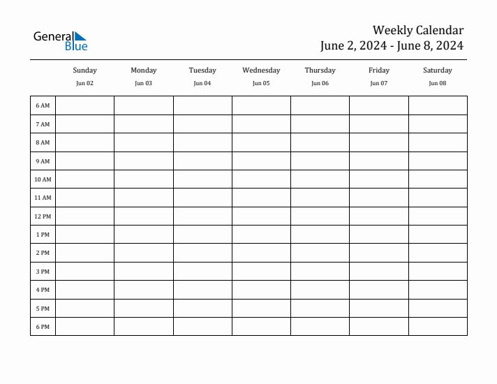 Hourly Planner Template for the Week of June 2