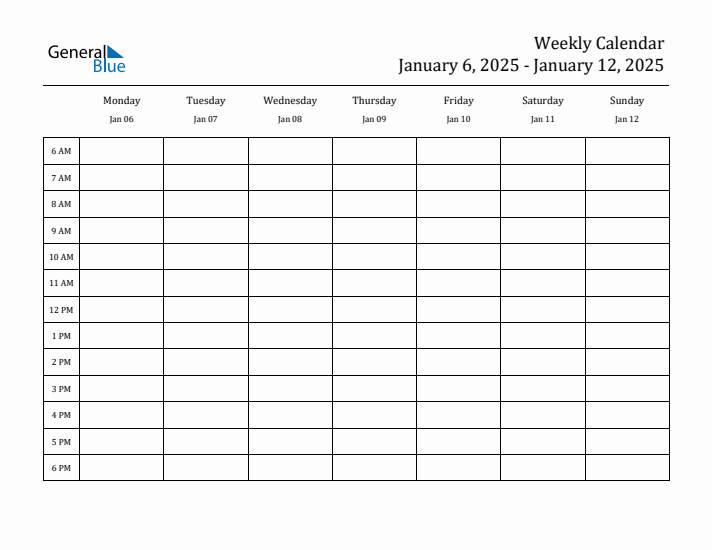 Hourly Planner Template for the Week of January 6