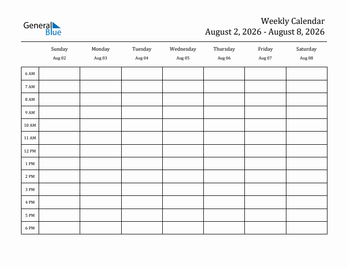 Hourly Planner Template for the Week of August 2