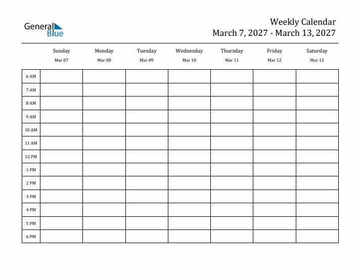 Hourly Planner Template for the Week of March 7