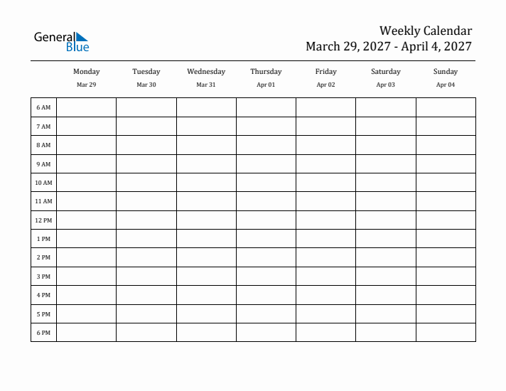 Hourly Planner Template for the Week of March 29