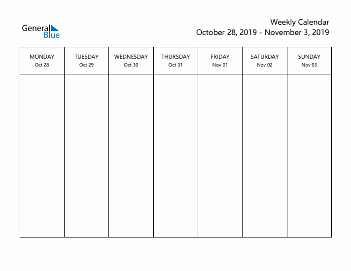 Printable Weekly Calendar with Monday Start