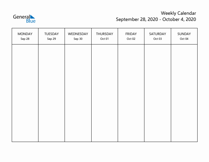 Printable Weekly Calendar with Monday Start