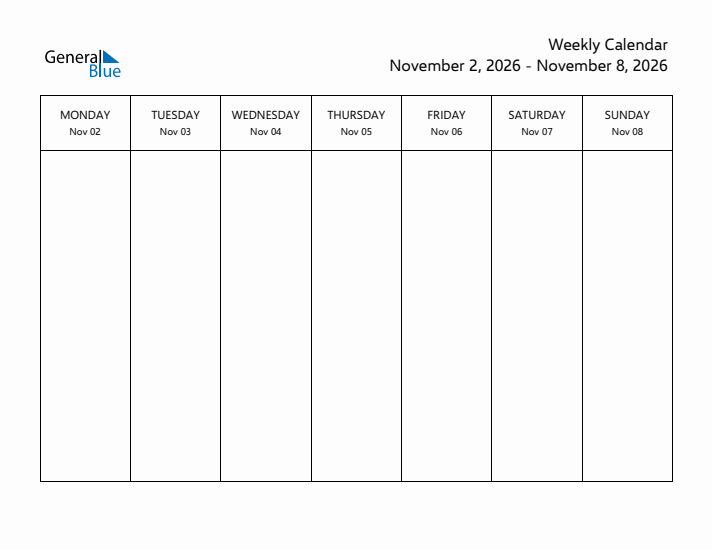 Printable Weekly Calendar with Monday Start