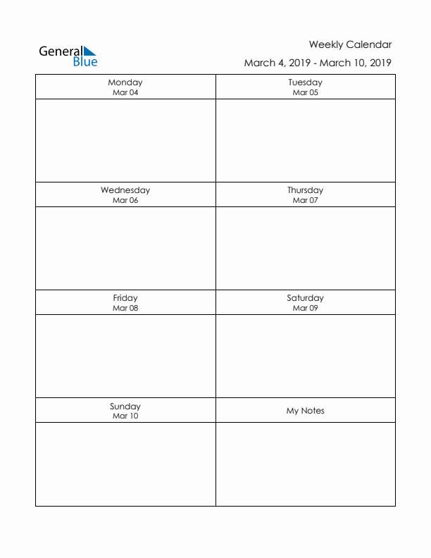 Printable Weekly Planner Template (Week 10 of 2019)