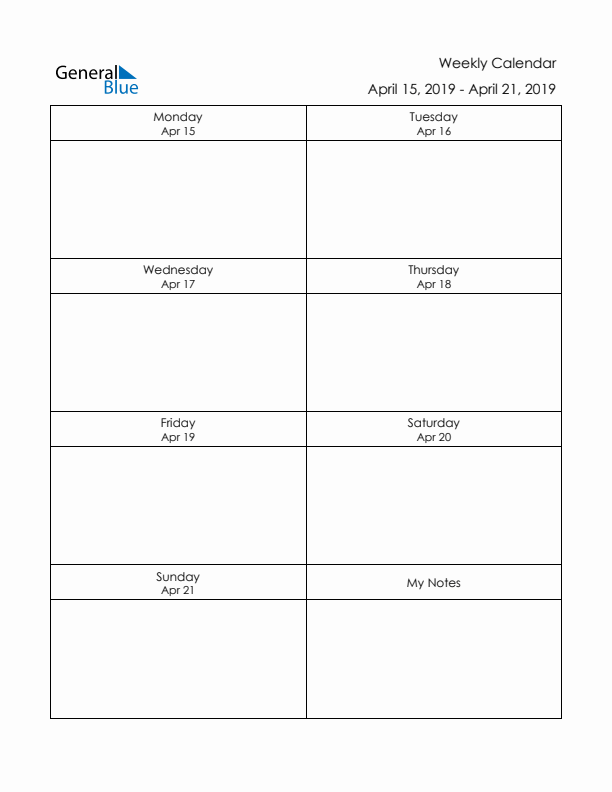 Printable Weekly Planner Template (Week 16 of 2019)