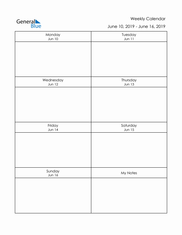 Printable Weekly Planner Template (Week 24 of 2019)