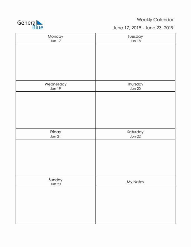 Printable Weekly Planner Template (Week 25 of 2019)