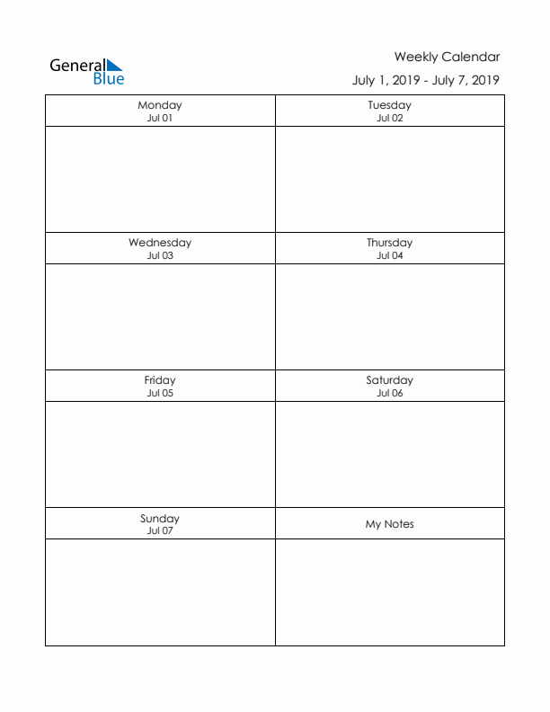 Printable Weekly Planner Template (Week 27 of 2019)