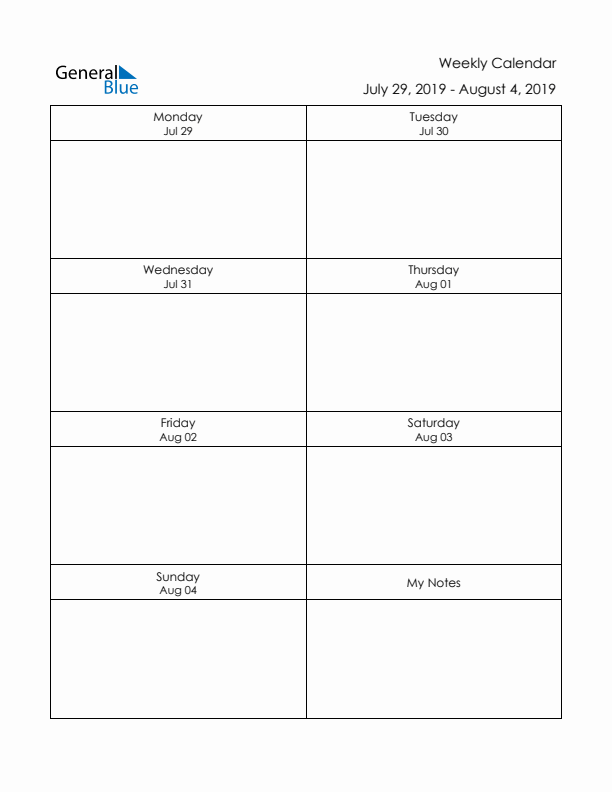 Printable Weekly Planner Template (Week 31 of 2019)