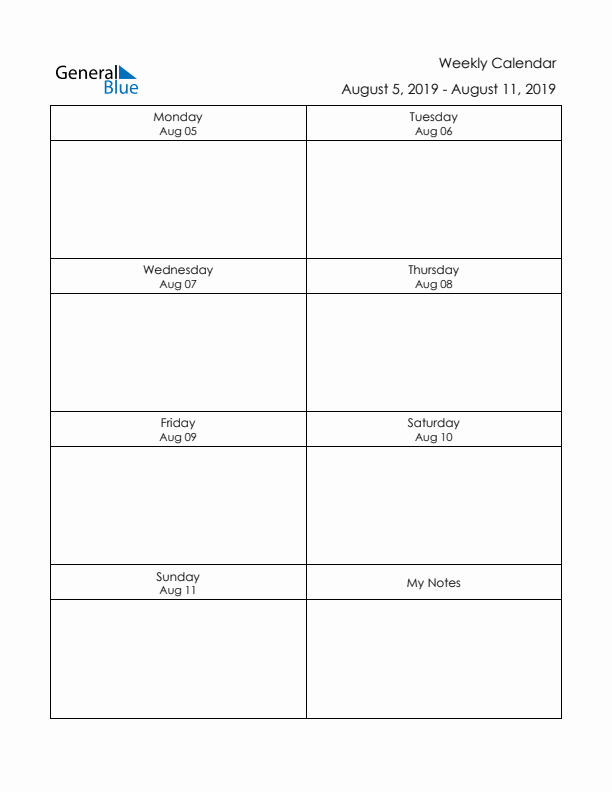 Printable Weekly Planner Template (Week 32 of 2019)