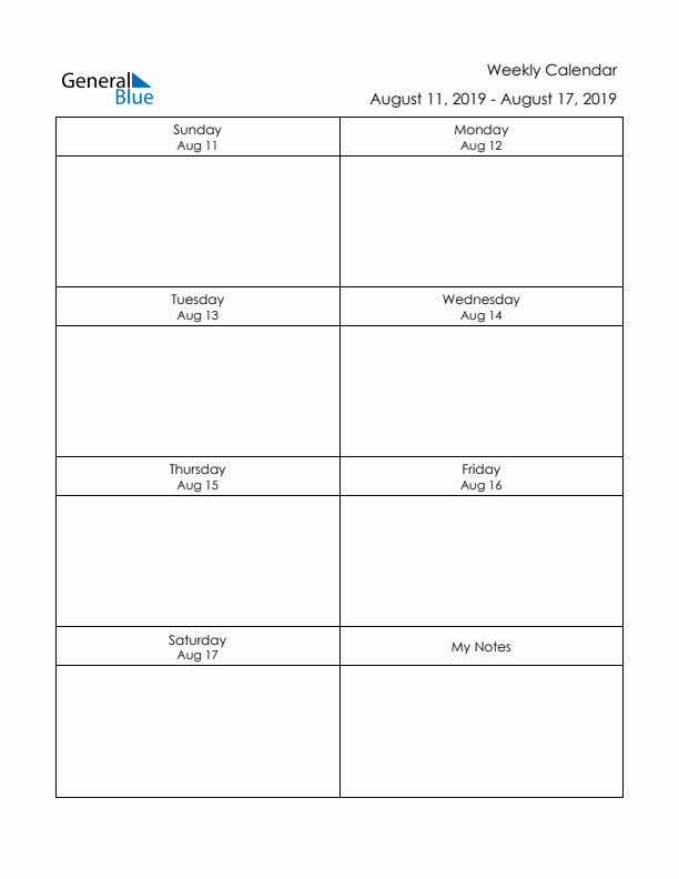 Printable Weekly Planner Template (Week 33 of 2019)