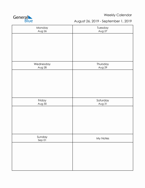 Printable Weekly Planner Template (Week 35 of 2019)