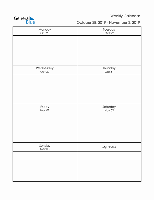 Printable Weekly Planner Template (Week 44 of 2019)