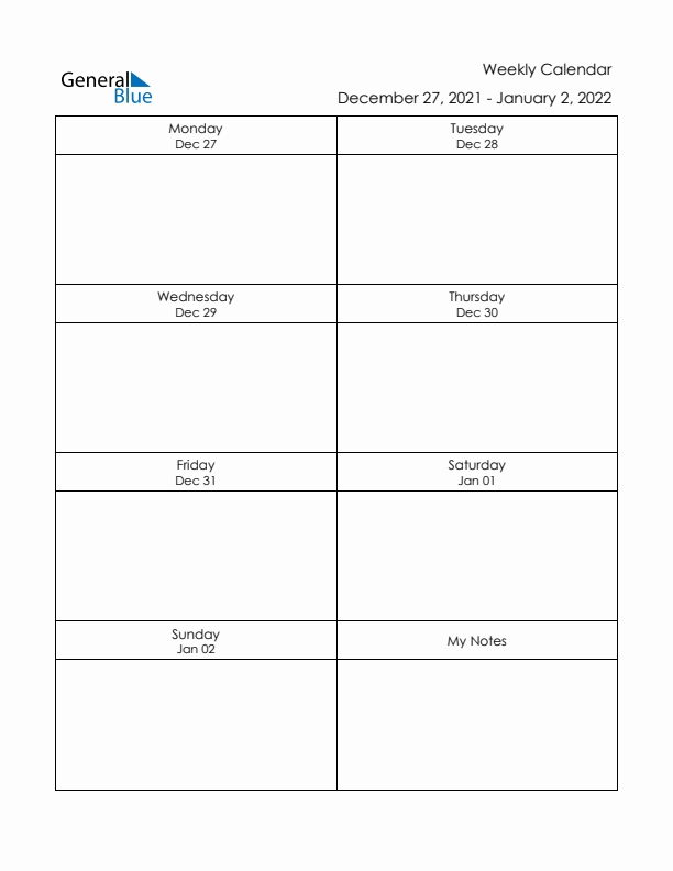 Printable Weekly Planner Template (Week 52 of 2021)