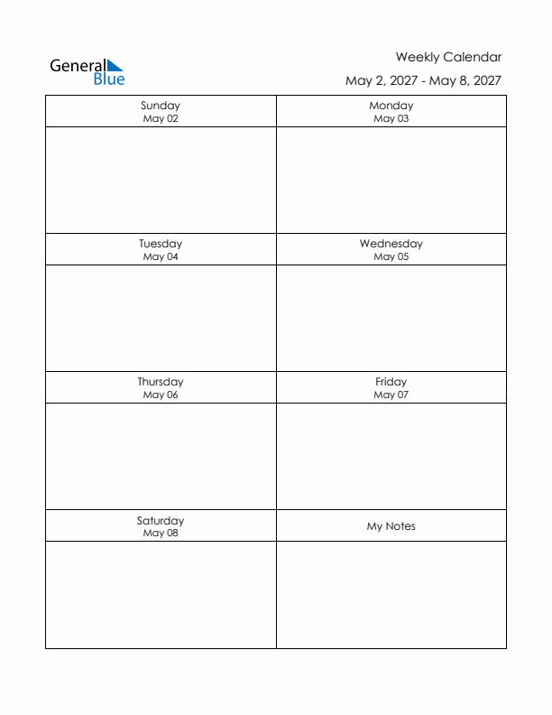 Printable Weekly Planner Template (Week 19 of 2027)