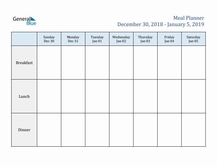 Weekly Meal Planner (Week 1 of 2019)