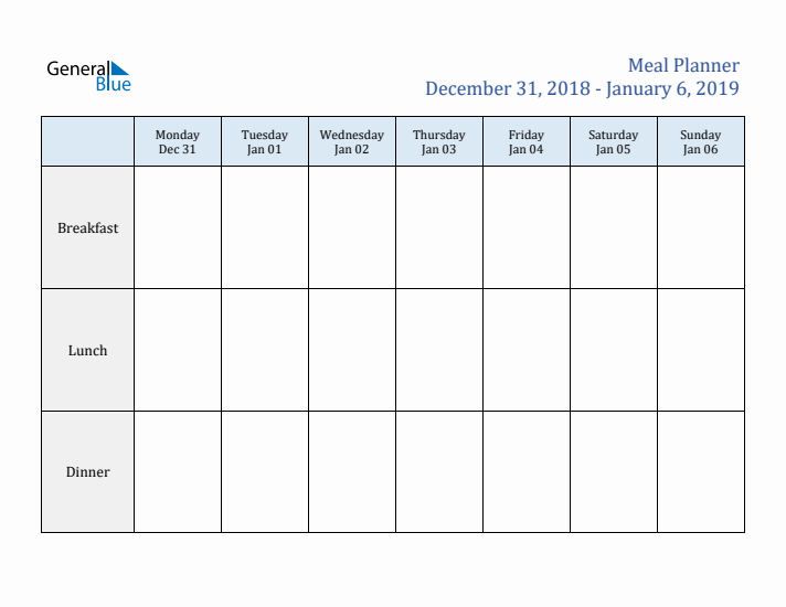 Weekly Meal Planner (Week 1 of 2019)