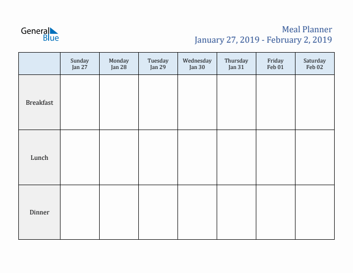 Weekly Meal Planner (Week 5 of 2019)