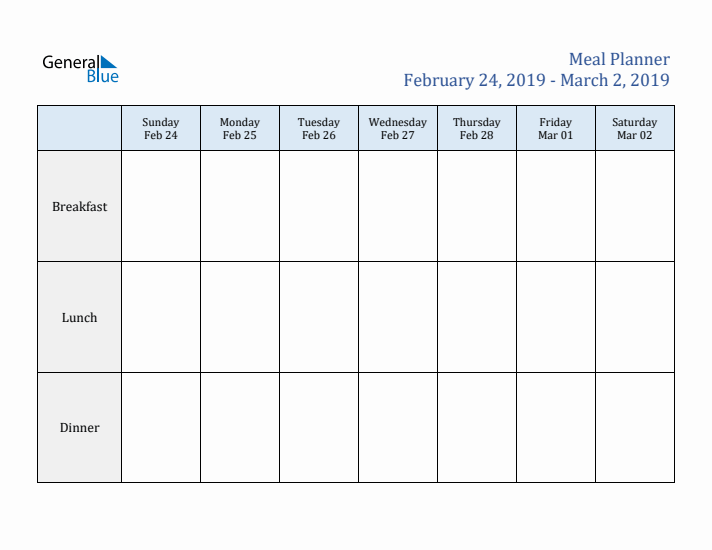 Weekly Meal Planner (Week 9 of 2019)