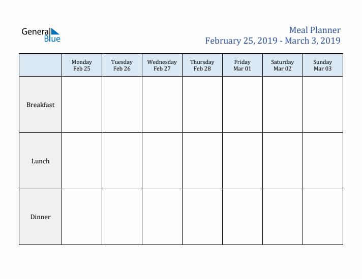 Weekly Meal Planner (Week 9 of 2019)