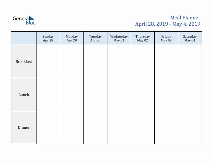 Weekly Meal Planner (Week 18 of 2019)