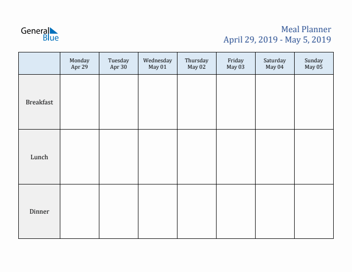 Weekly Meal Planner (Week 18 of 2019)