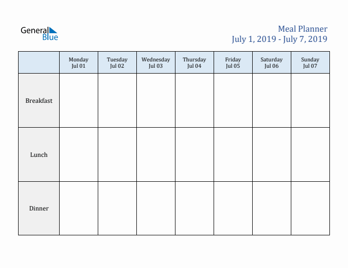 Weekly Meal Planner (Week 27 of 2019)