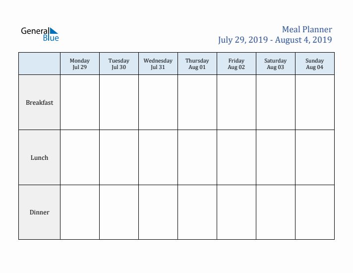 Weekly Meal Planner (Week 31 of 2019)