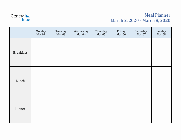 Weekly Meal Planner (Week 10 of 2020)