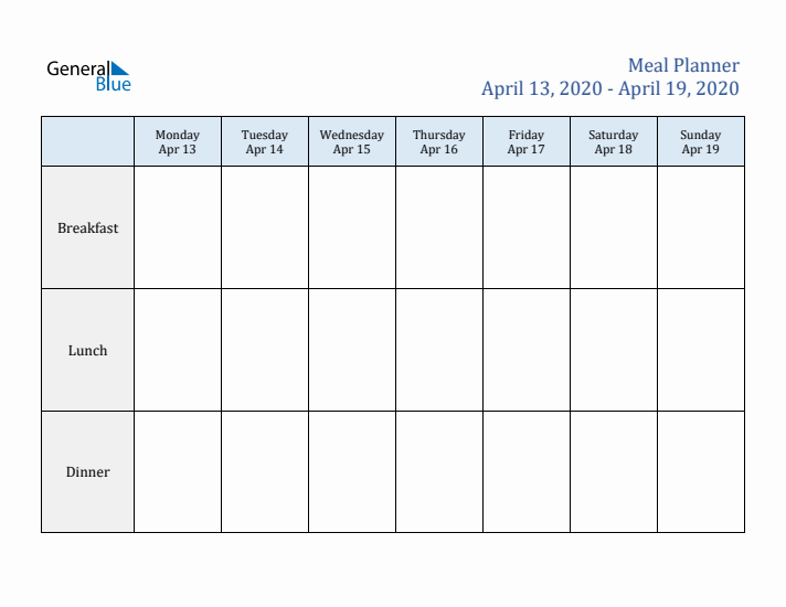 Weekly Meal Planner (Week 16 of 2020)