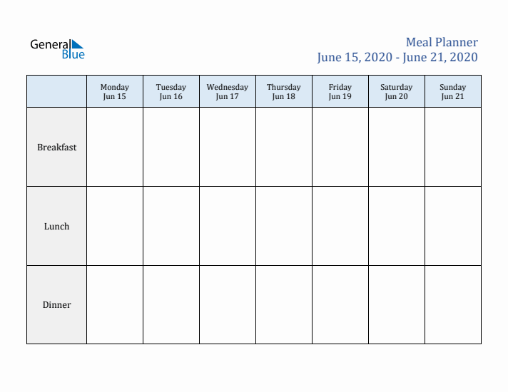 Weekly Meal Planner (Week 25 of 2020)