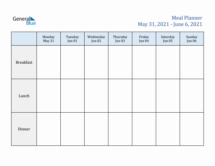 Weekly Meal Planner (Week 22 of 2021)