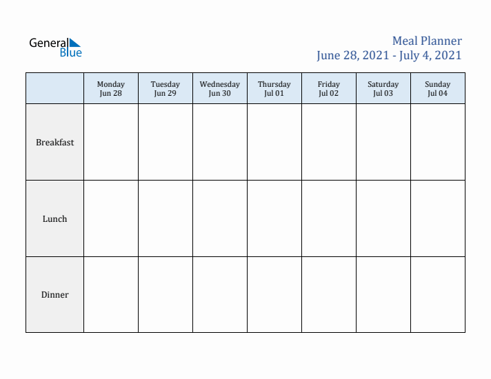 Weekly Meal Planner (Week 26 of 2021)