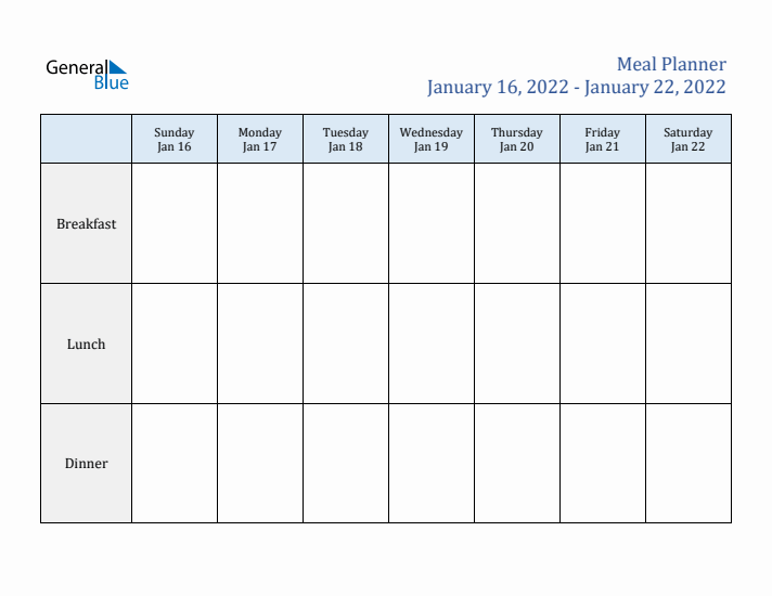 Weekly Meal Planner (Week 4 of 2022)