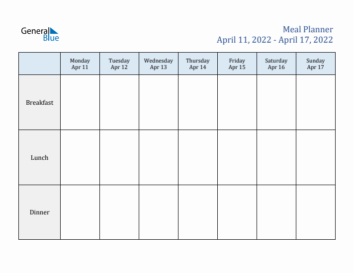 Weekly Meal Planner (Week 15 of 2022)