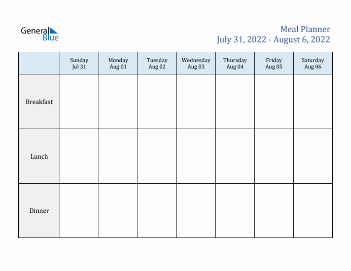 Weekly Meal Planner (Week 32 of 2022)