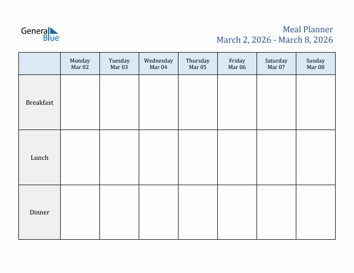 Weekly Meal Planner (Week 10 of 2026)