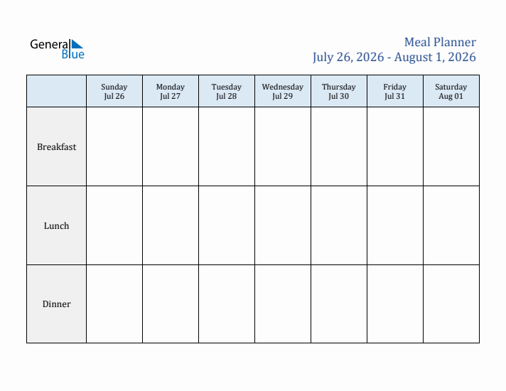 Weekly Meal Planner (Week 31 of 2026)