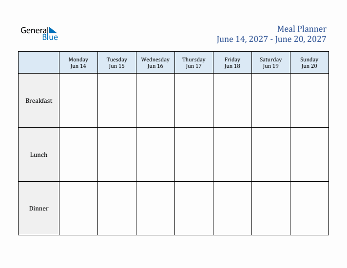 Weekly Meal Planner (Week 24 of 2027)