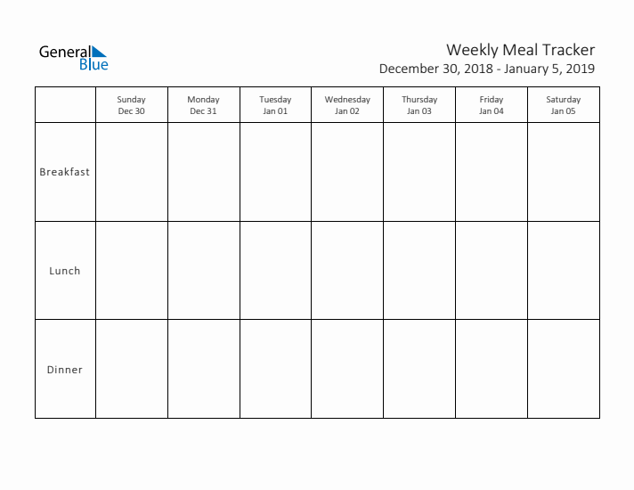 Weekly Printable Meal Tracker for December 2018