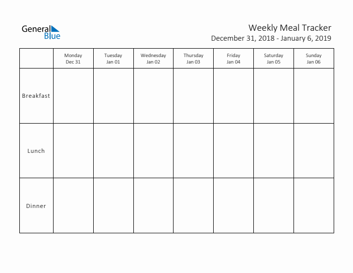 Weekly Printable Meal Tracker for December 2018