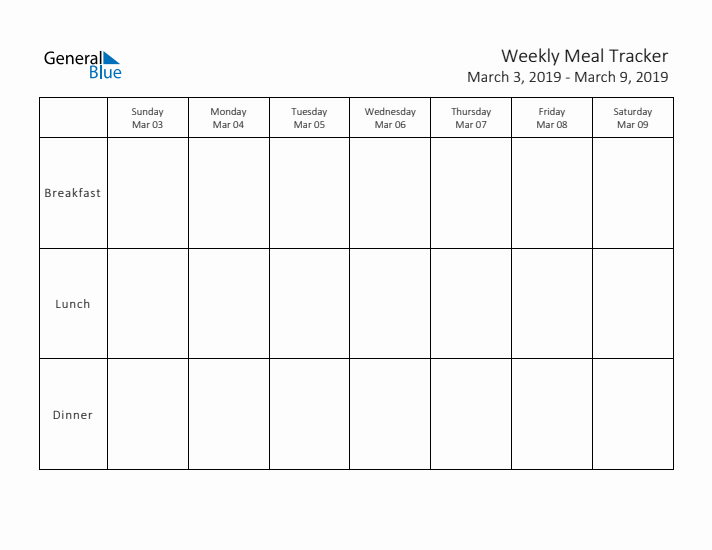 Weekly Printable Meal Tracker for March 2019