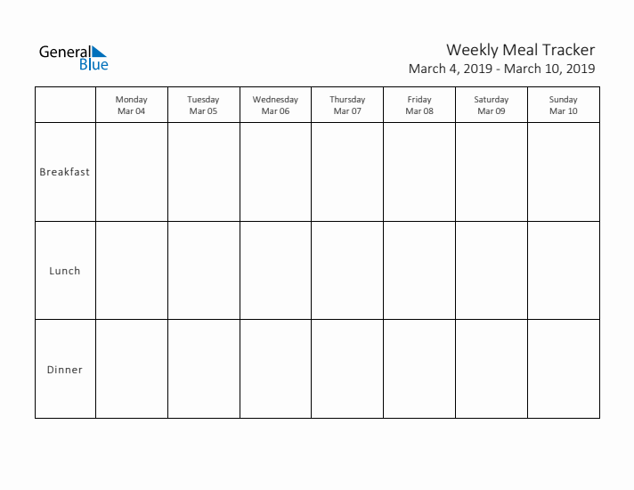 Weekly Printable Meal Tracker for March 2019