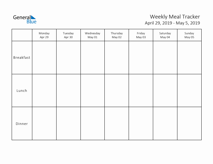 Weekly Printable Meal Tracker for April 2019