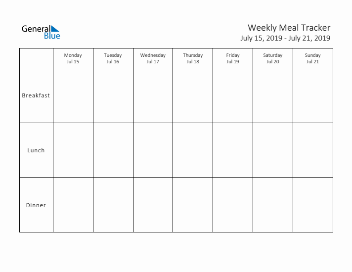 Weekly Printable Meal Tracker for July 2019