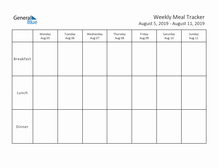 Weekly Printable Meal Tracker for August 2019